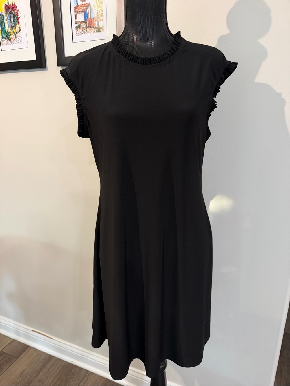Nicole Miller Women’s Black Knee Length Sleeveless Dress with Ruffle Trim L